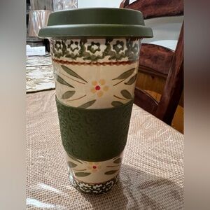 Temptations By Tara Old World Green Coffee Tumbler To Go Mug Lid & Sleeve 12oz